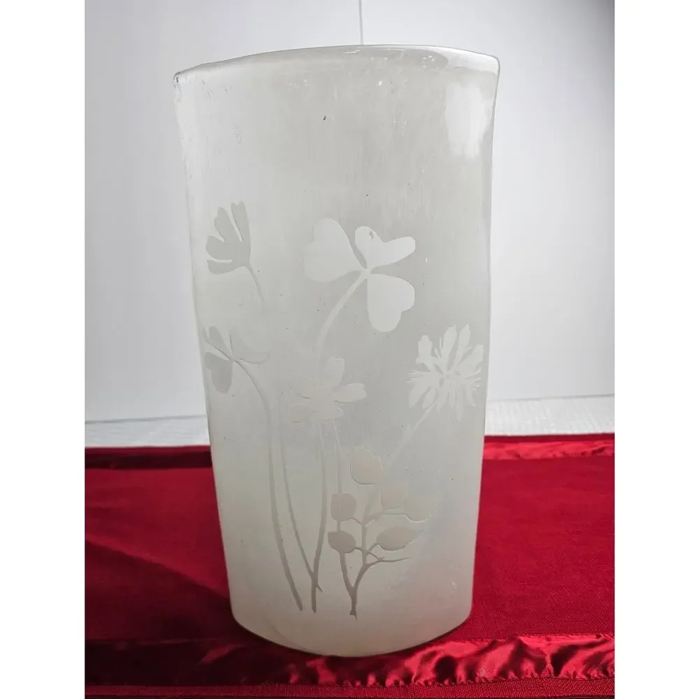 Vintage‎ clear glass soft white floral etched vase.